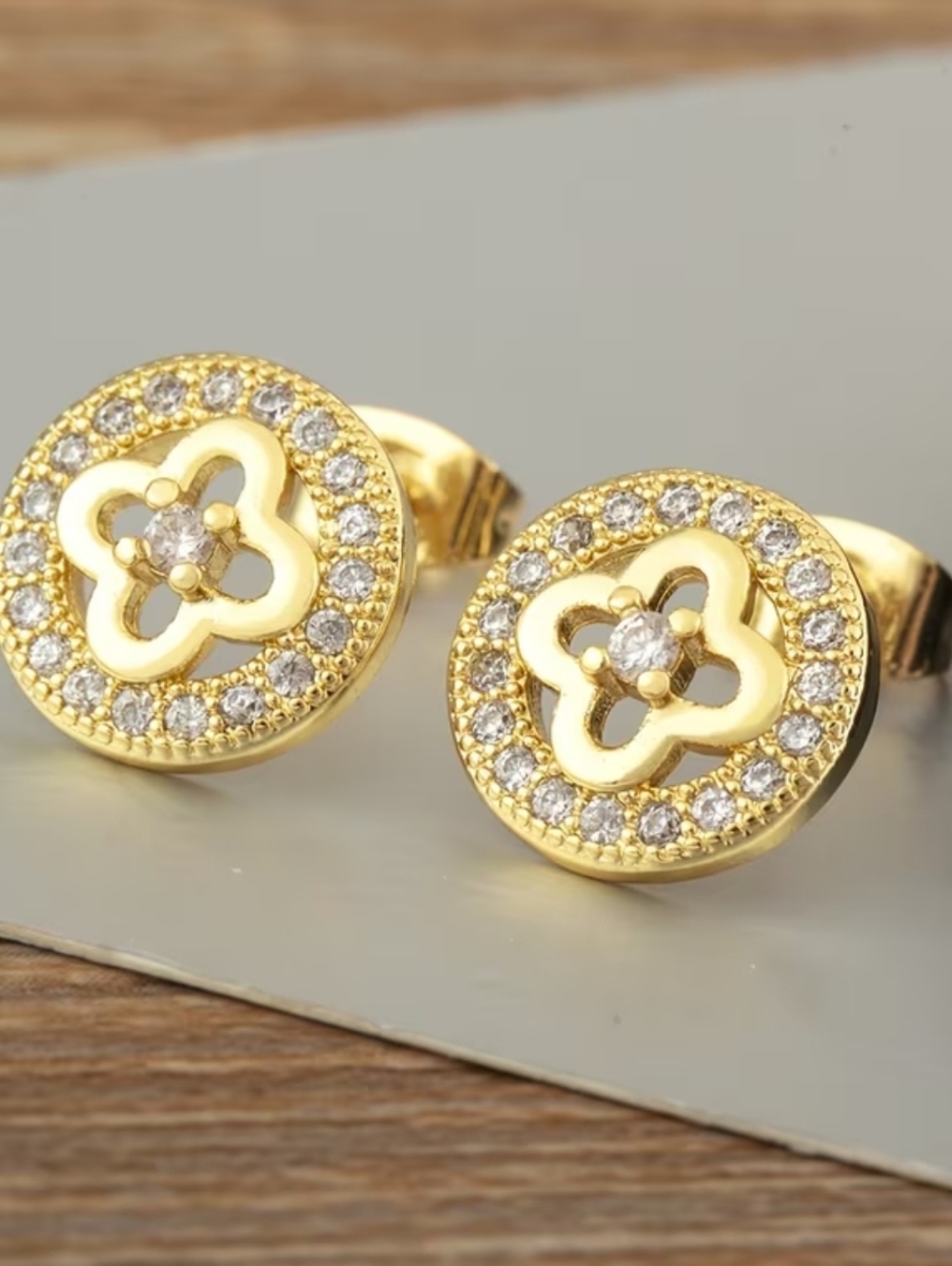 #27 Gold Clover Pavé Round Stud Earrings WSynthetic CZs